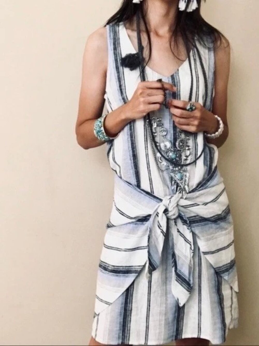 Anthropologie Drew Morgan Linen Blend Tie-front Striped Dress Small